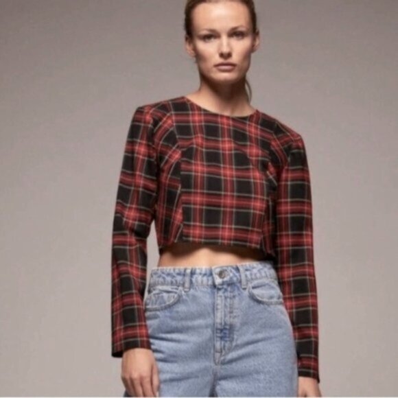 Zara red & black plaid long sleeve cropped blouse red black - Picture 1 of 7